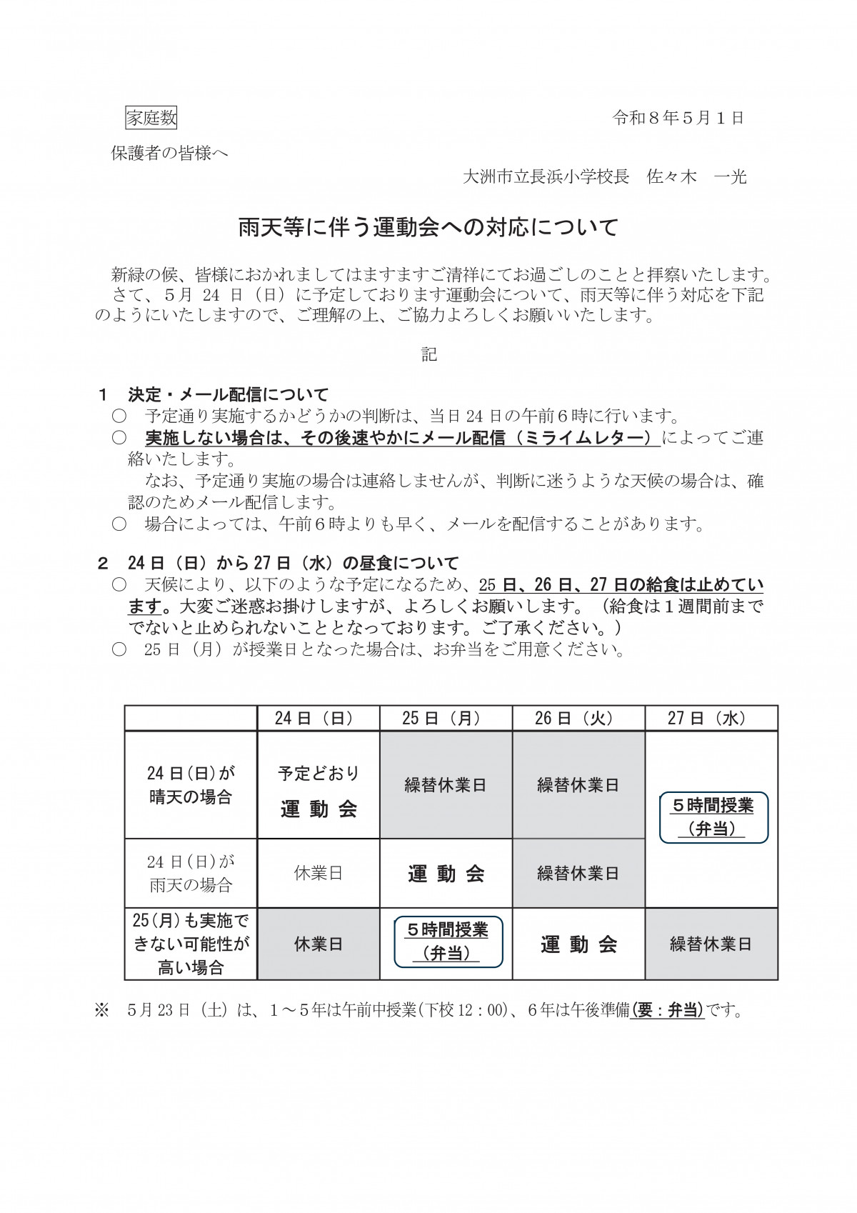 Ｒ８　雨天等に伴う運動会への対応